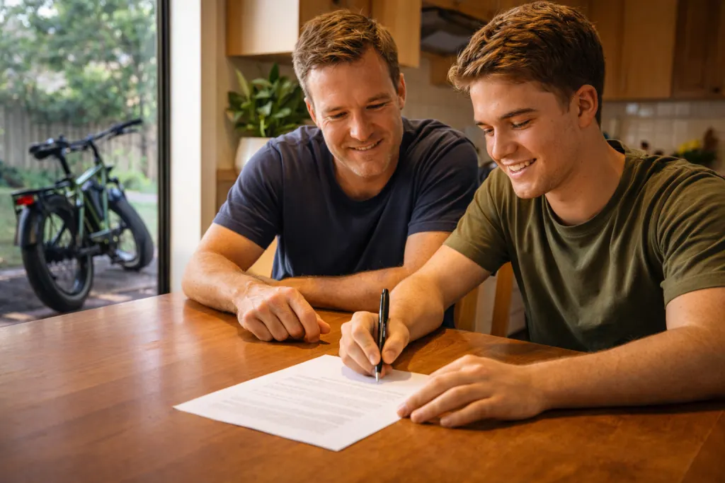 Parent and teenager signing an e-bike riding agreement together at the kitchen table